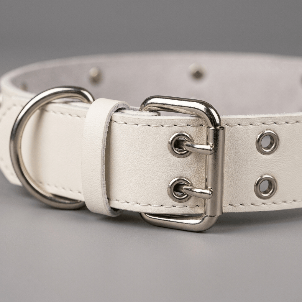 collier chien cuir veritable decor os blanc gros plan boucle oeillets et anneau d
