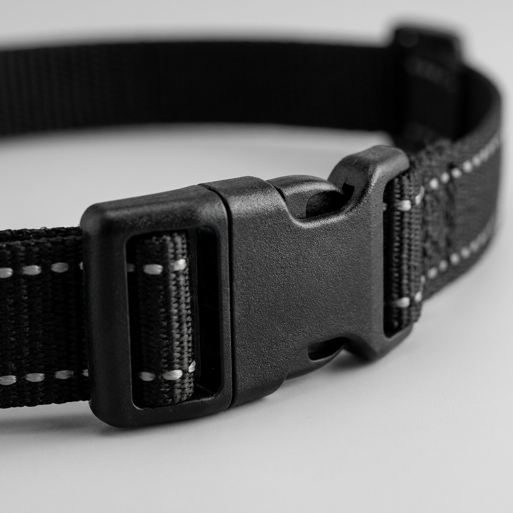 Gros plan sur la boucle de réglage et le tissu à mailles réfléchissant du collier de dressage chien à la citronnelle