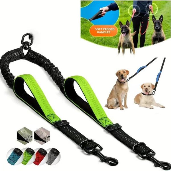 Double laisse pour chien verte avec amortisseur et systeme anti enchevetrement pour promener deux chiens en toute securite
