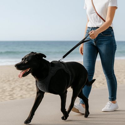 Harnais pour chien noir élégant utilise lors d'une promenade sur la plage FlexiHarness