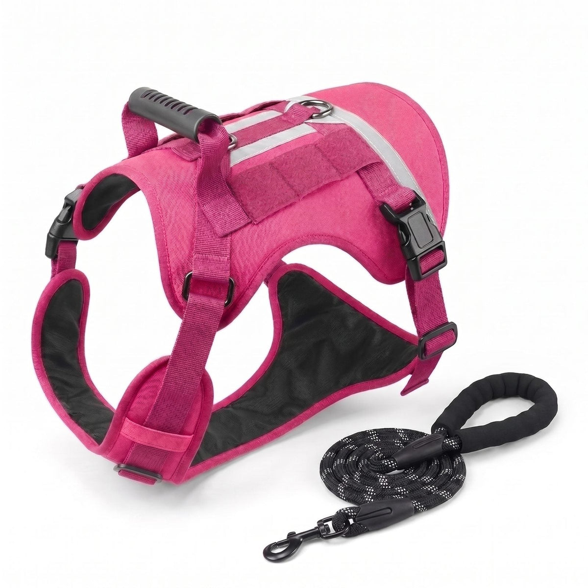 Harnais pour chien TactiGuard rose présenté avec sa laisse assortie, vue packshot
