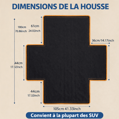 Schéma en croix de la housse avec mesures en centimètres et pouces, indiquant compatibilité avec la plupart des SUV.