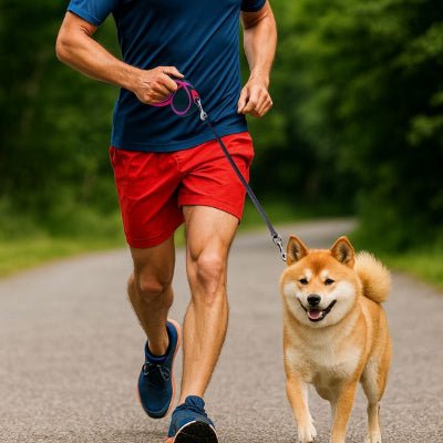laisse de chien enrouleur rose pour jogging, shiba trottant au pied sur route MaxLeash™