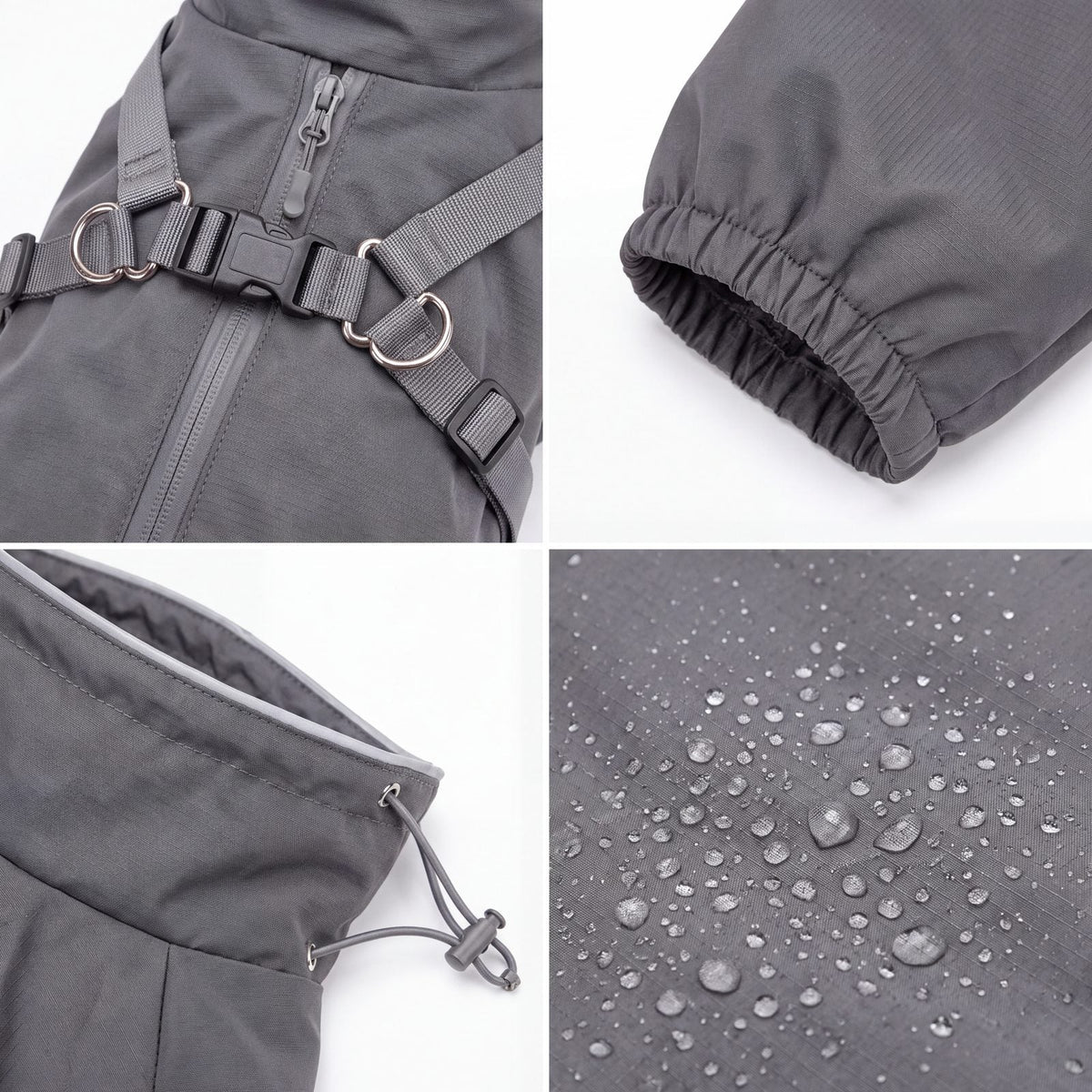 Planche de détails du manteau pour chien gris : fermeture dans le dos et harnais, manchette élastique, col à cordon, gouttes d'eau sur le tissu imperméable