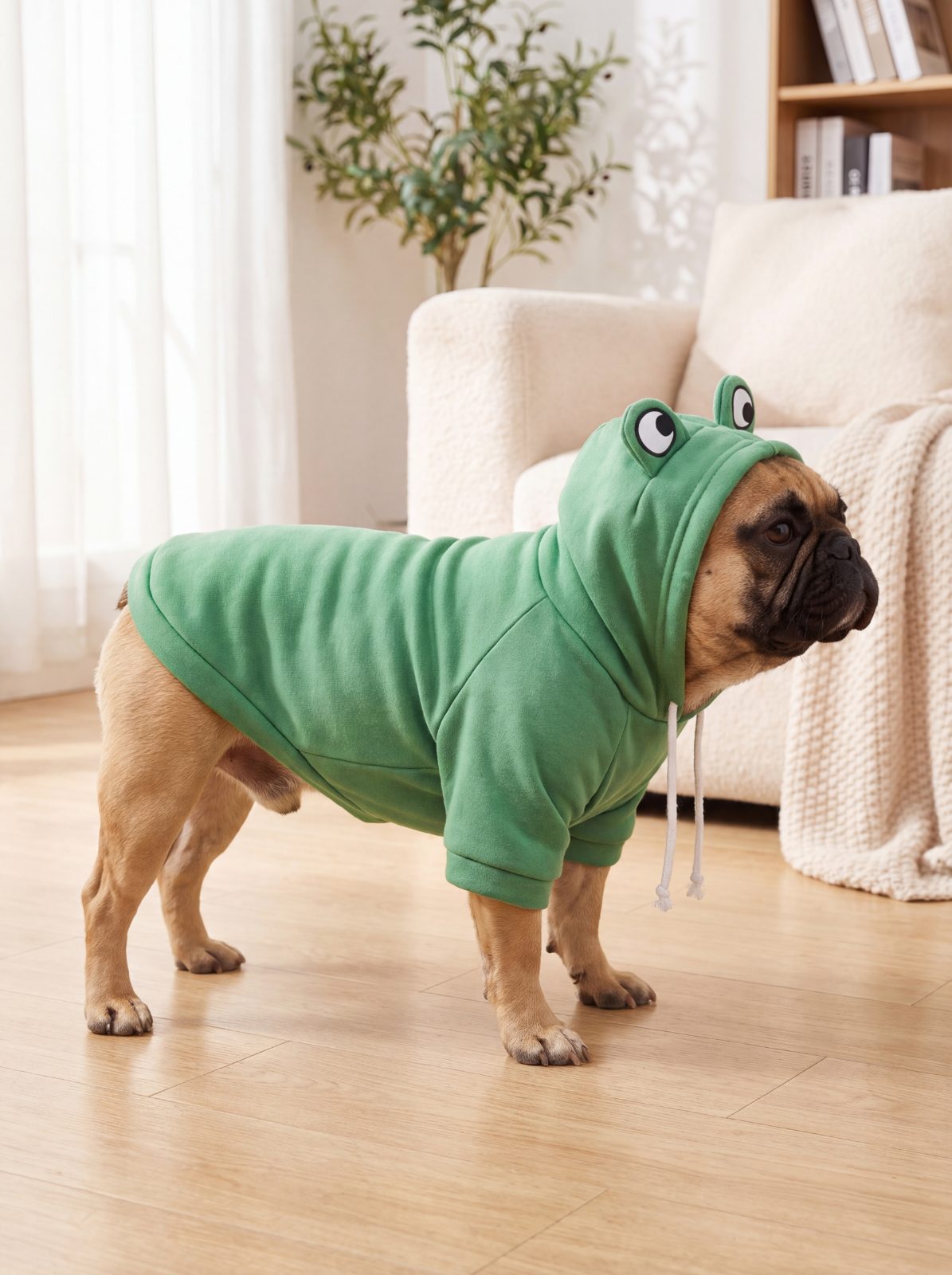 Bouledogue français de profil portant un sweat à capuche grenouille vert en polaire