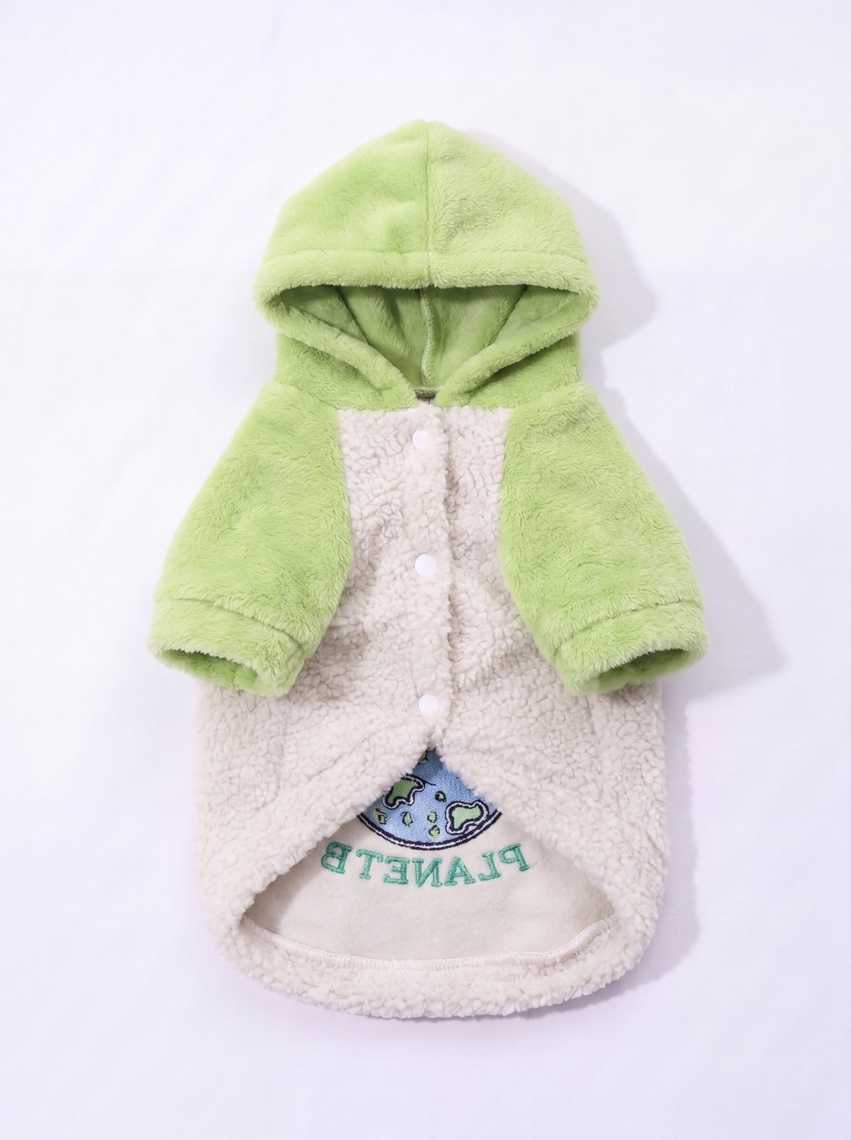 Sweat à capuche chien teddy sherpa vert et crème à plat, face avant avec boutons-pression