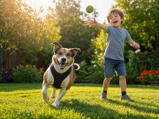 Enfant et chien jouant ensemble en toute sérénité dans un jardin - miniature article chien et enfants