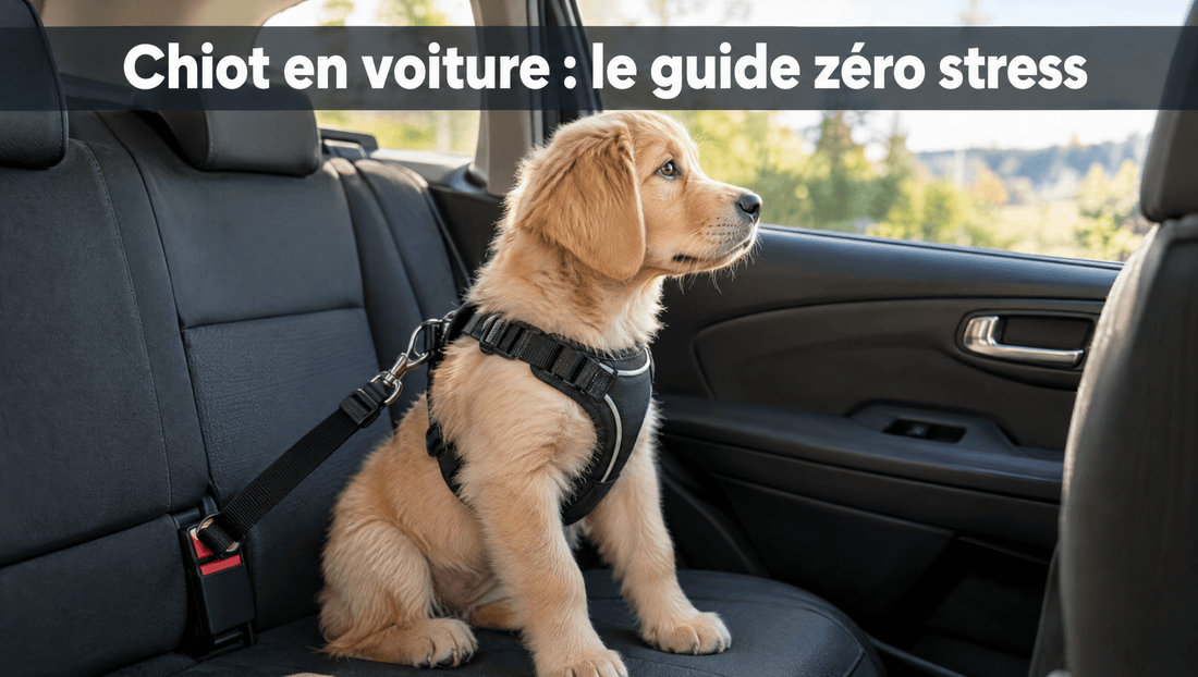 Chiot assis à l'arrière d'une voiture, attaché avec une ceinture de sécurité pour chien, avec le titre Chiot en voiture : le guide zéro stress