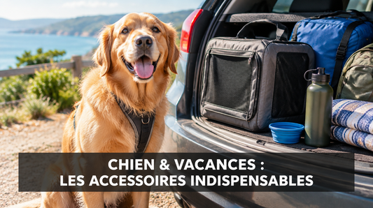 Chien assis à côté du coffre d'une voiture rempli d'accessoires de voyage pour partir en vacances