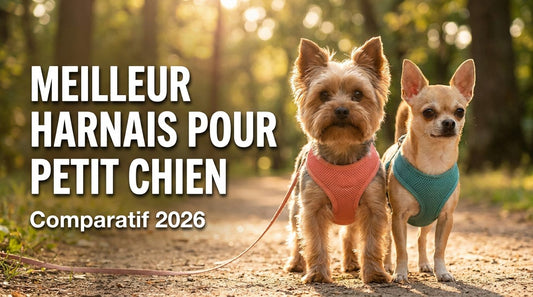 Meilleur harnais pour petit chien, comparatif 2026 : un Yorkshire et un Chihuahua équipés d'un harnais gilet