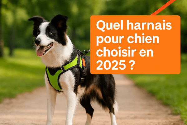 harnais pour chien moderne de couleur verte porté par un Border Collie en promenade dans un parc, illustration de l’article Quel harnais pour chien choisir en 2025