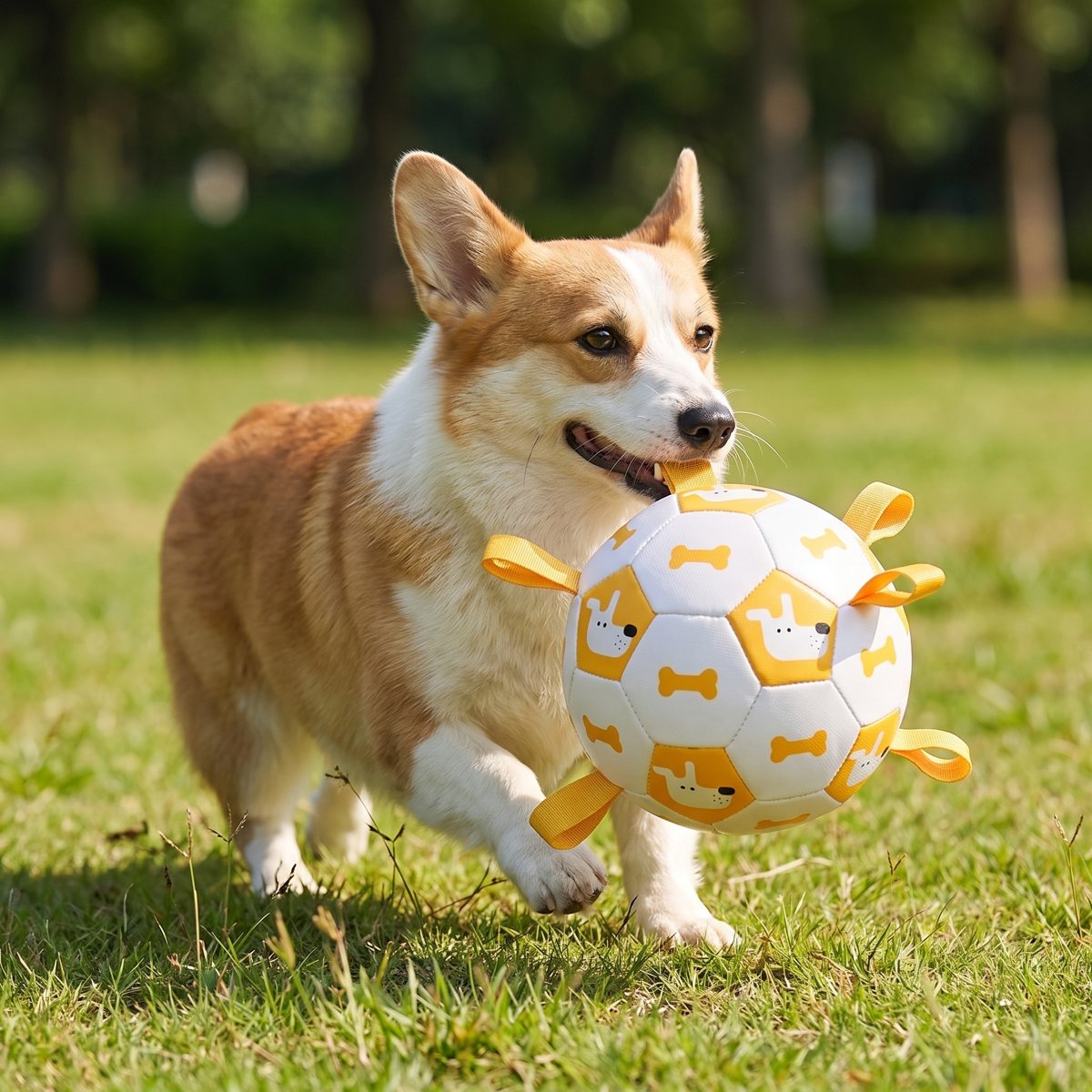 Balle pour chien Empreinte blanc et orange - corgi qui court avec la balle en gueule