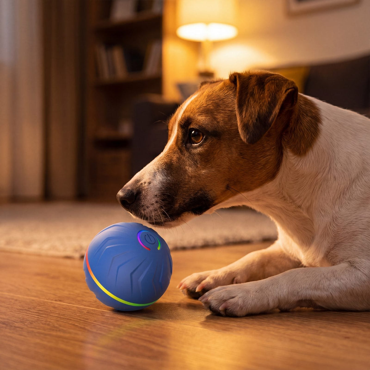 Chien couché de profil qui observe sa balle rebondissante intelligente lumineuse sur le parquet