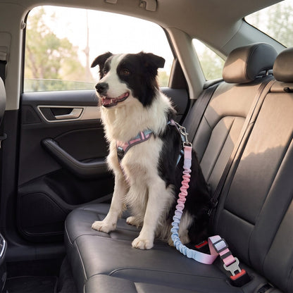 Ceinture de sécurité voiture pour chien SafeRide rose-bleu - crochet pivotant attaché au harnais
