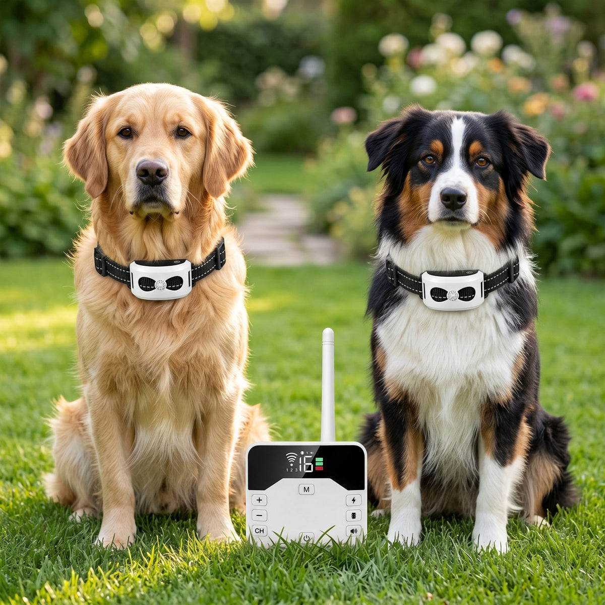 Deux chiens dans un jardin portant le collier récepteur de la clôture anti-fugue sans fil chien, à côté du transmetteur