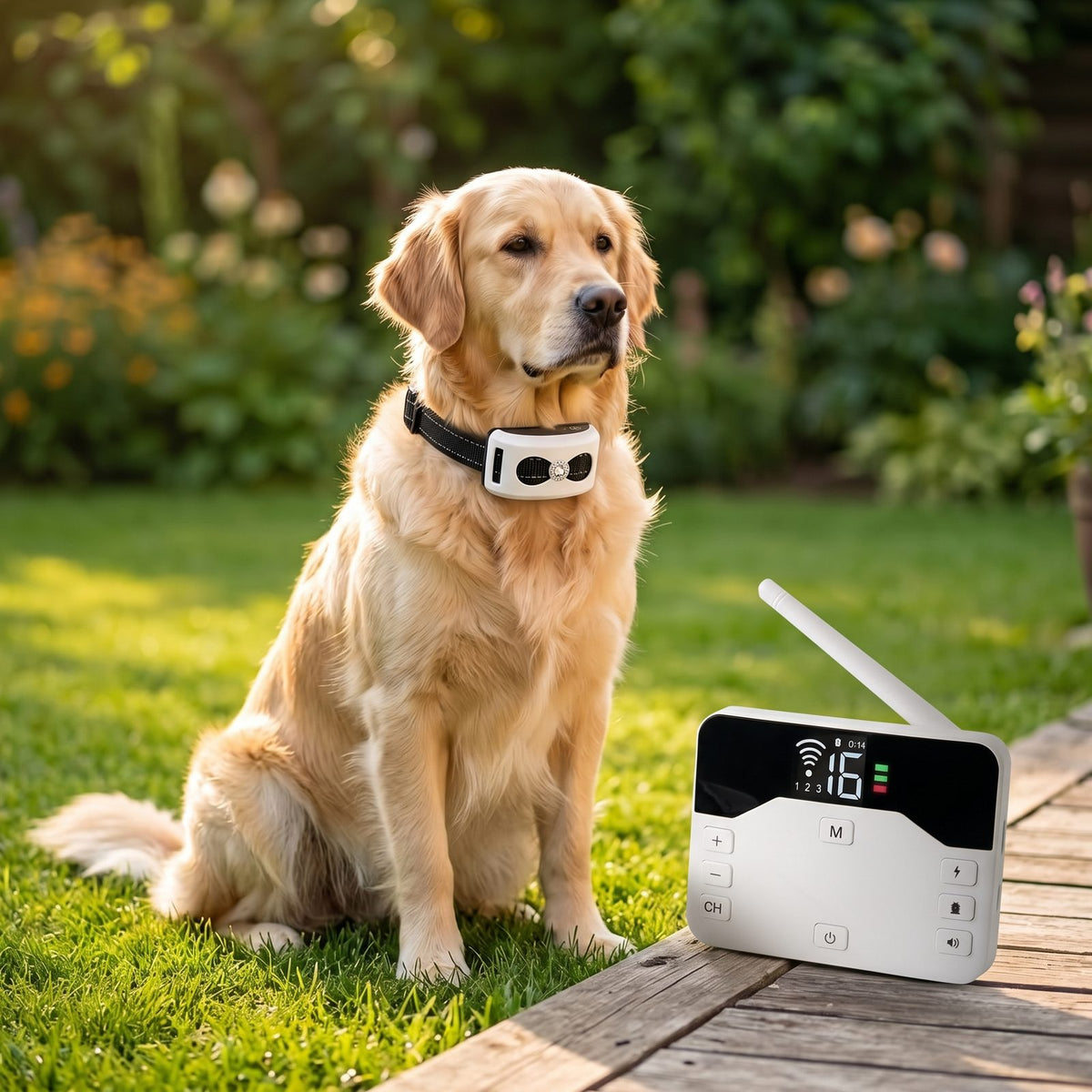 Golden retriever en extérieur portant le collier récepteur de la clôture anti-fugue sans fil chien
