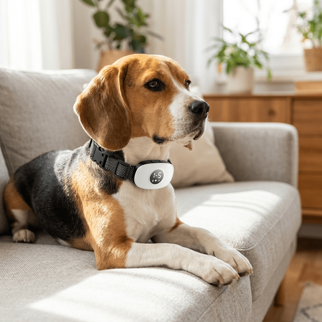 Beagle sur un canapé portant le collier anti-aboiement chien vibration blanc