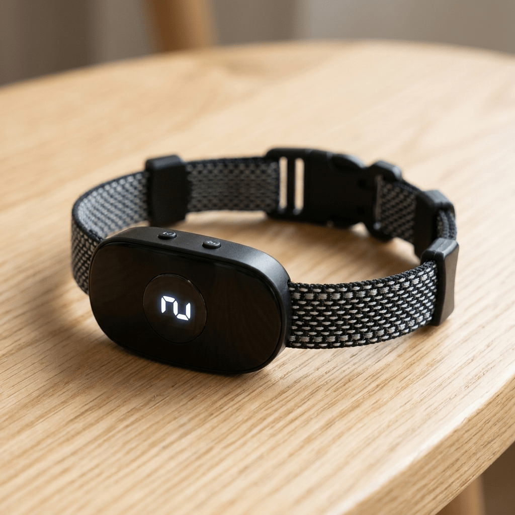 Gros plan du boîtier et de l'écran digital du collier anti-aboiement chien vibration noir