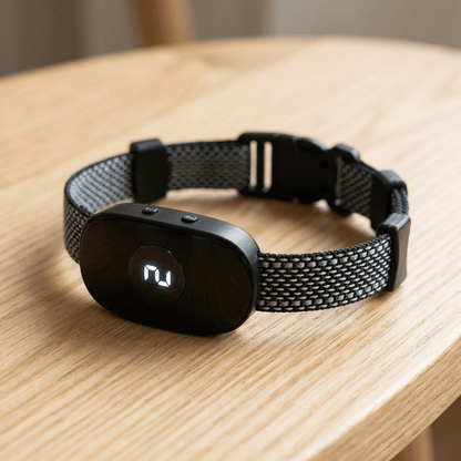 Gros plan du boîtier et de l'écran digital du collier anti-aboiement chien vibration noir