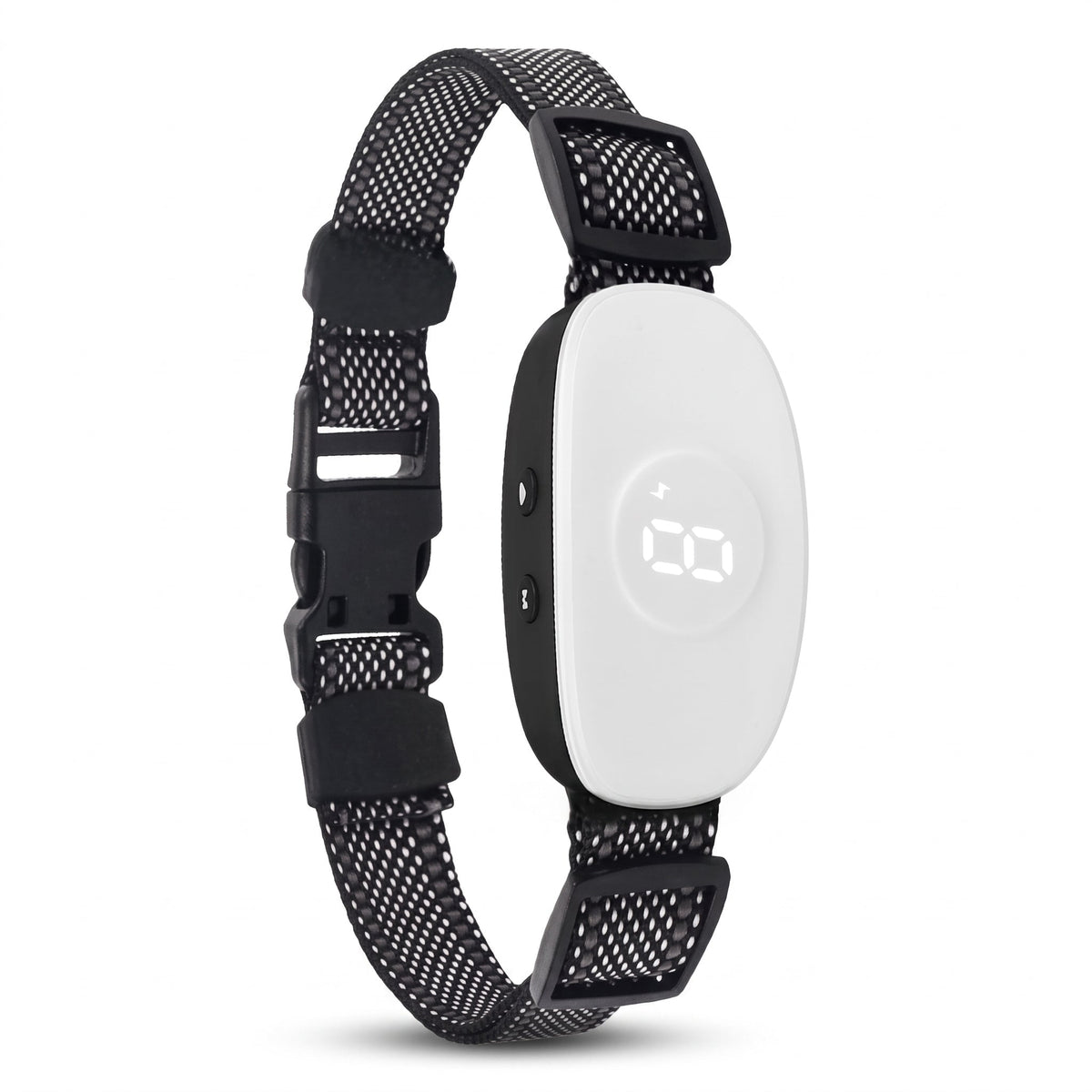 collier anti-aboiement chien vibration blanc avec ecran digital, vue produit sur fond blanc