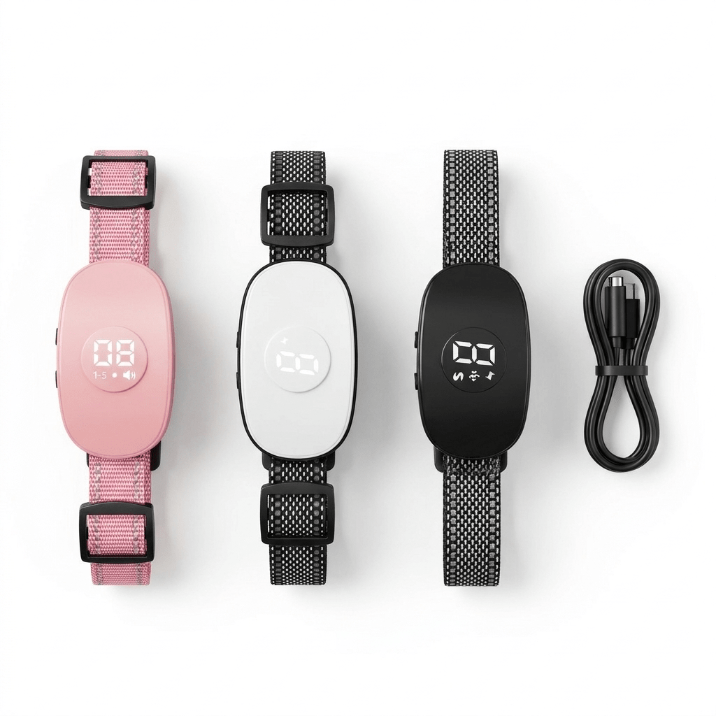 Collier anti-aboiement chien vibration en trois coloris rose, blanc et noir avec câble de charge magnétique