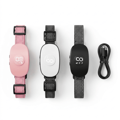 Collier anti-aboiement chien vibration en trois coloris rose, blanc et noir avec câble de charge magnétique