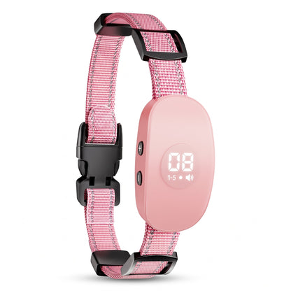 collier anti-aboiement chien vibration rose avec ecran digital, vue produit sur fond blanc
