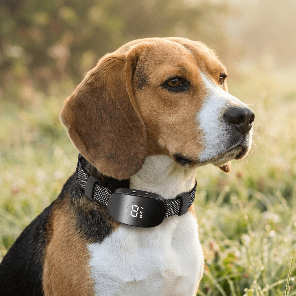 Portrait d'un beagle portant le collier anti-aboiement chien vibration noir