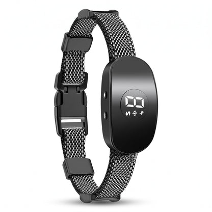 collier anti-aboiement chien vibration noir avec ecran digital, vue produit sur fond blanc