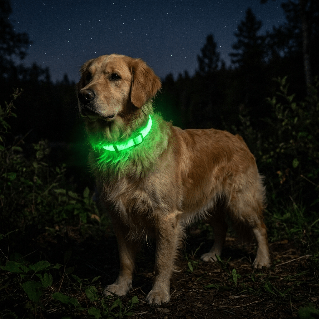 collier anti puce chien naturel vert phosphorescent sur golden retriever lumineux la nuit