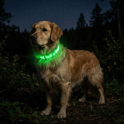 collier anti puce chien naturel vert phosphorescent sur golden retriever lumineux la nuit