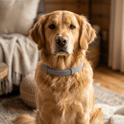 collier anti puce chien naturel gris sur golden retriever portrait interieur