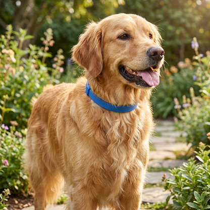 collier anti puce chien naturel bleu sur golden retriever trois quarts exterieur
