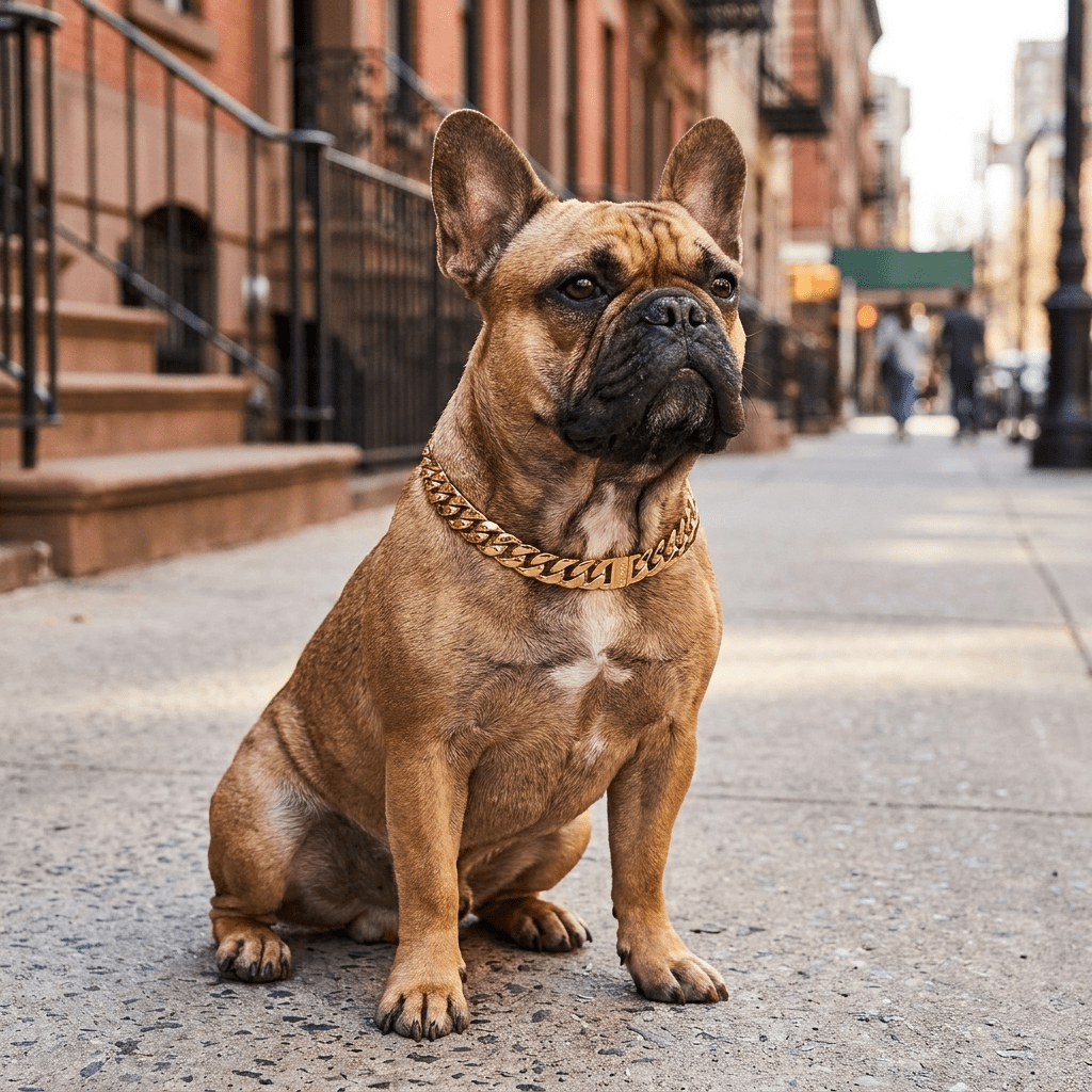 collier chaine chien maillons cubains or sur bouledogue francais assis trois quarts exterieur