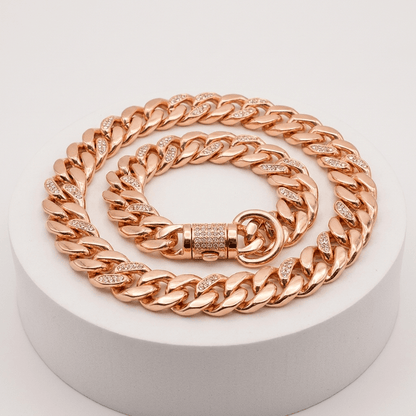 collier chaine chien maillons cubains or rose produit seul sur fond blanc