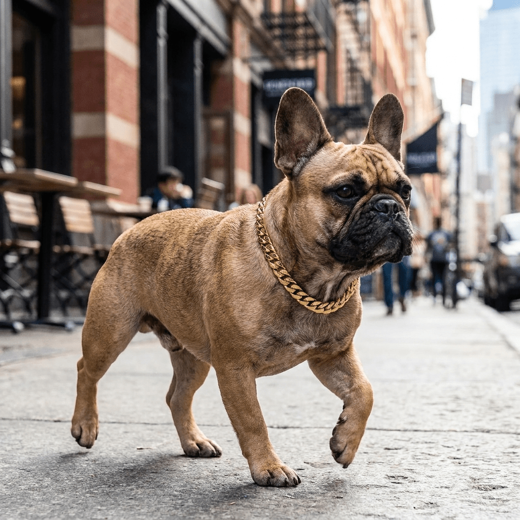 collier chaine chien maillons cubains or sur bouledogue francais en promenade urbaine