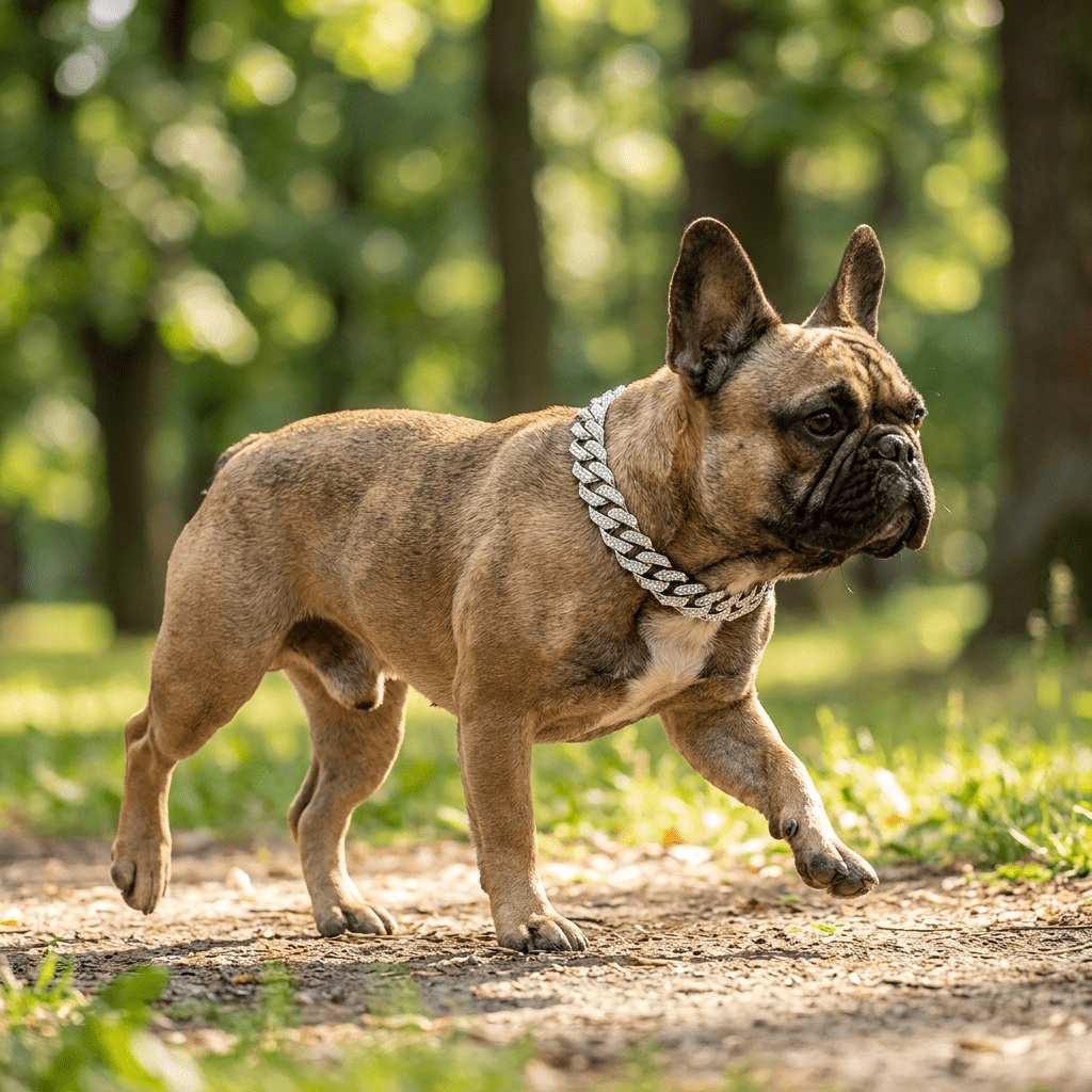 collier chaine chien maillons cubains argent sur bouledogue francais en promenade profil