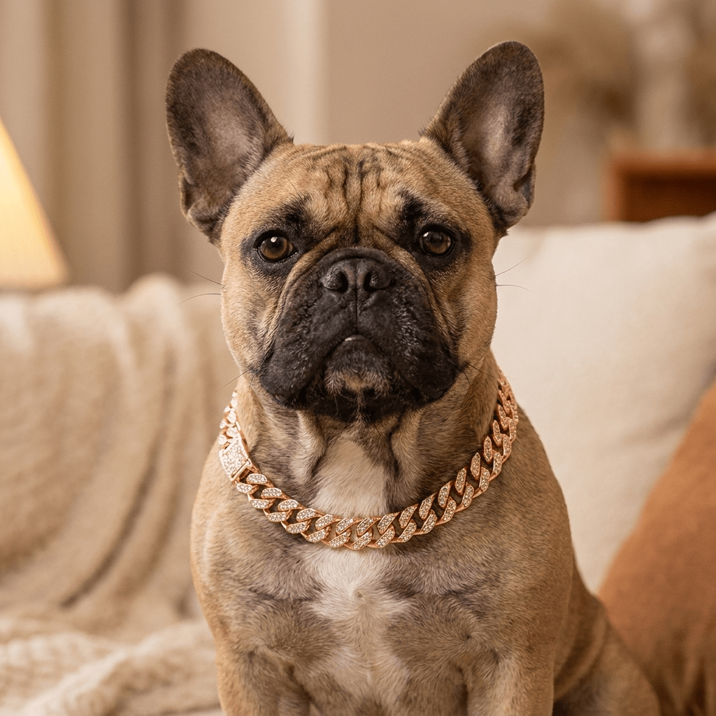 collier chaine chien maillons cubains or rose sur bouledogue francais portrait interieur