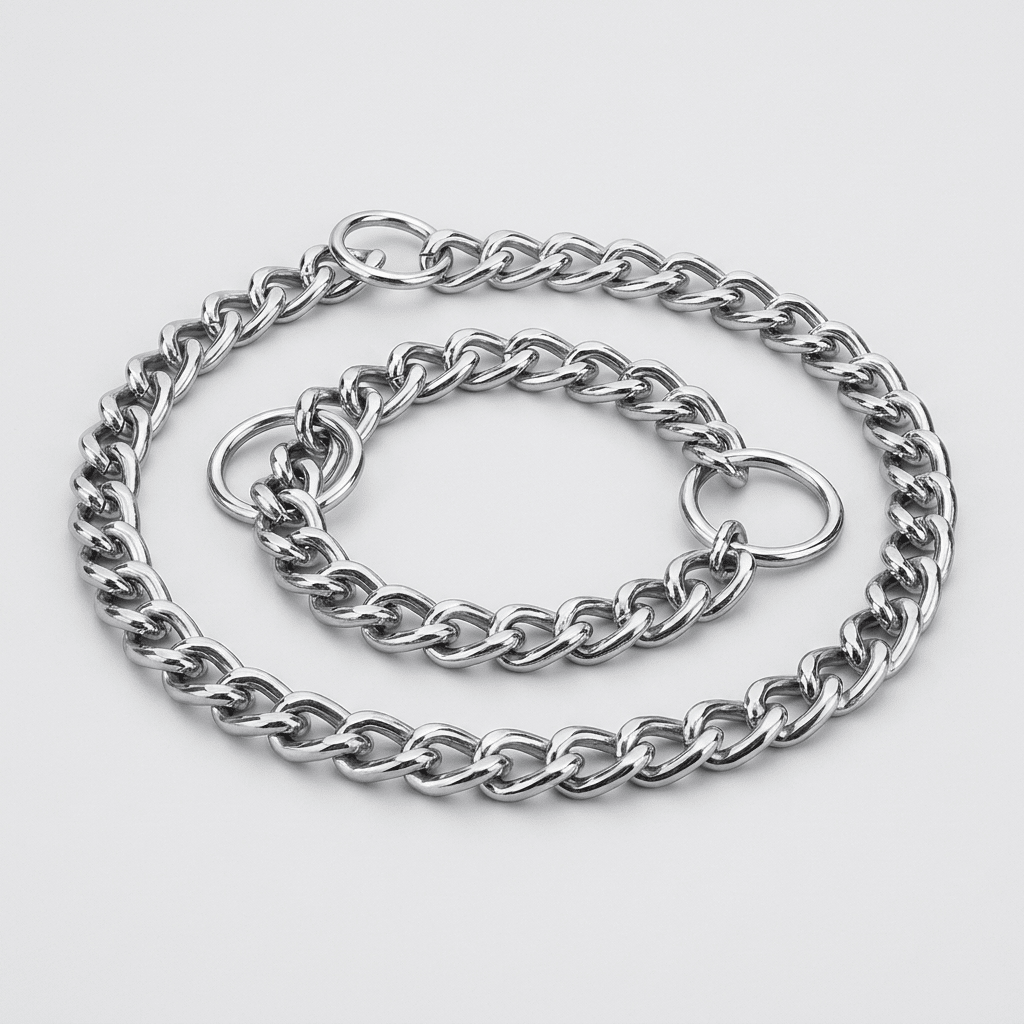 collier chaine chien anti-traction argent produit seul sur fond neutre