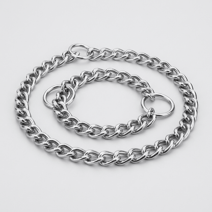 collier chaine chien anti-traction argent produit seul sur fond neutre