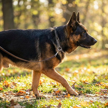 collier chaine chien argent sur berger allemand en promenade profil parc