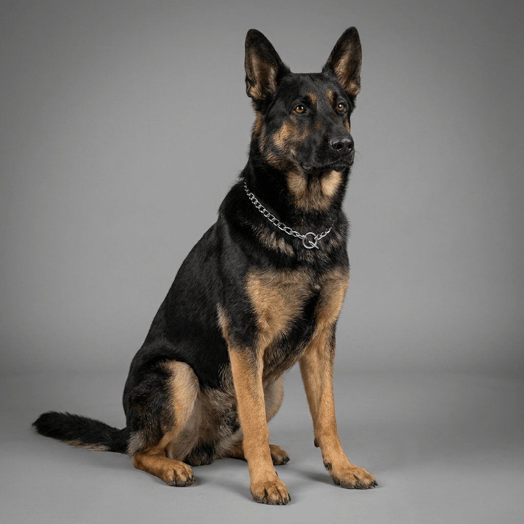 collier chaine chien argent sur berger allemand portrait interieur