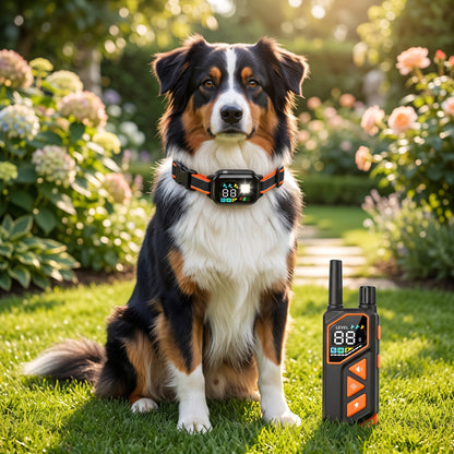 Berger Australien tricolore assis dans un jardin fleuri, portant le collier chien 2 en 1