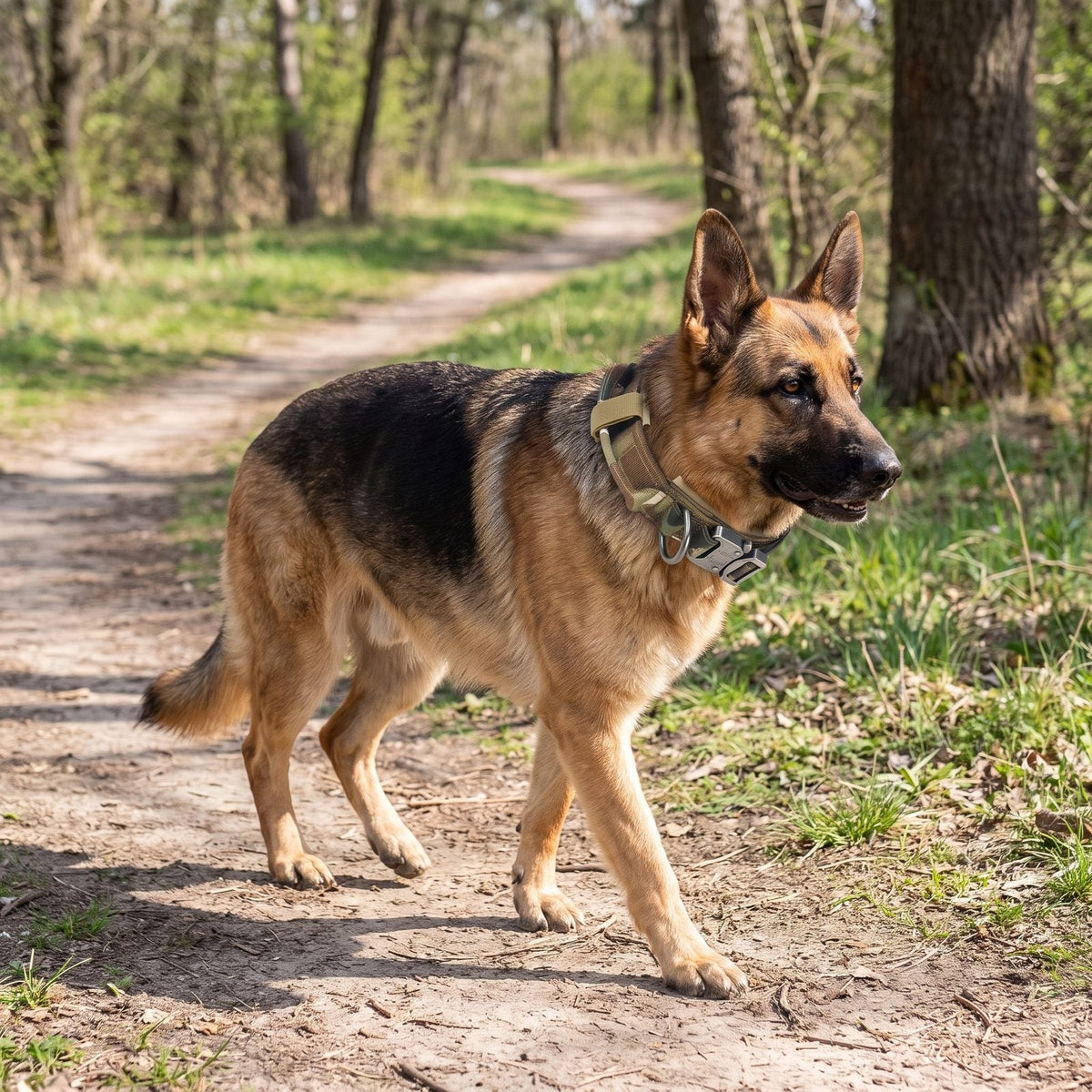 collier chien kaki tactique porté par un berger allemand en promenade en forêt ControlMax