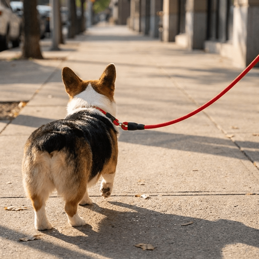 collier chien en corde d'escalade rouge sur corgi vu de dos en promenade urbaine