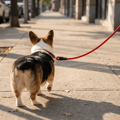 collier chien en corde d'escalade rouge sur corgi vu de dos en promenade urbaine