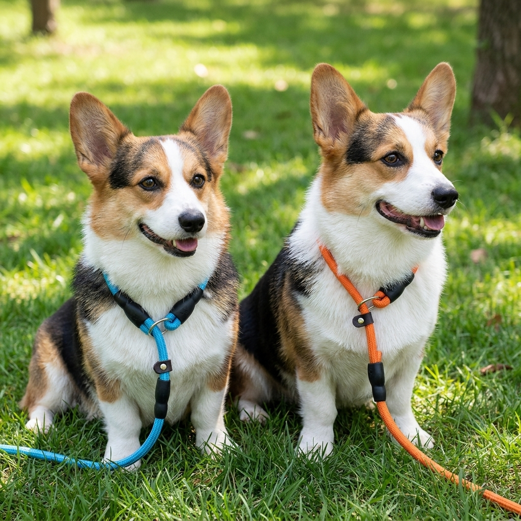 collier chien en corde d'escalade bleu et orange sur deux corgis assis ensemble exterieur