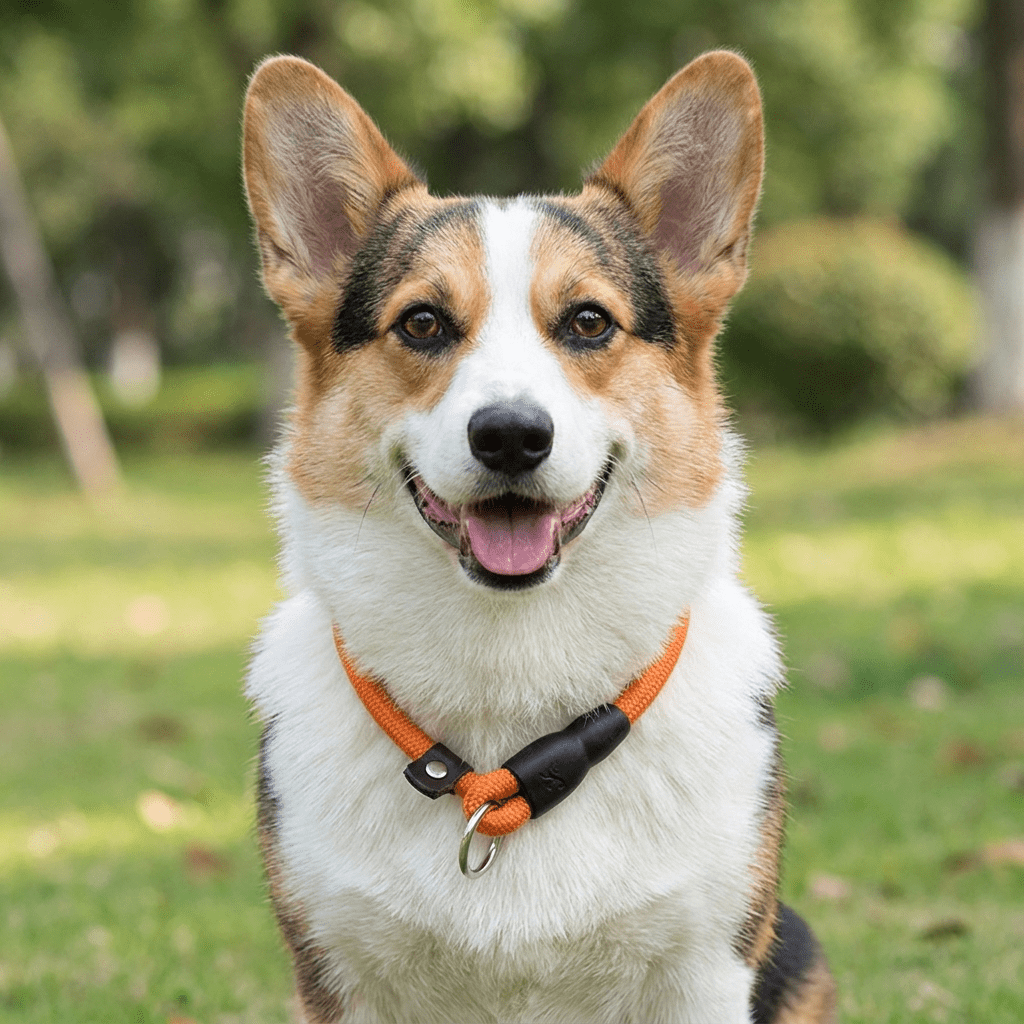 collier chien en corde d'escalade orange sur corgi portrait exterieur