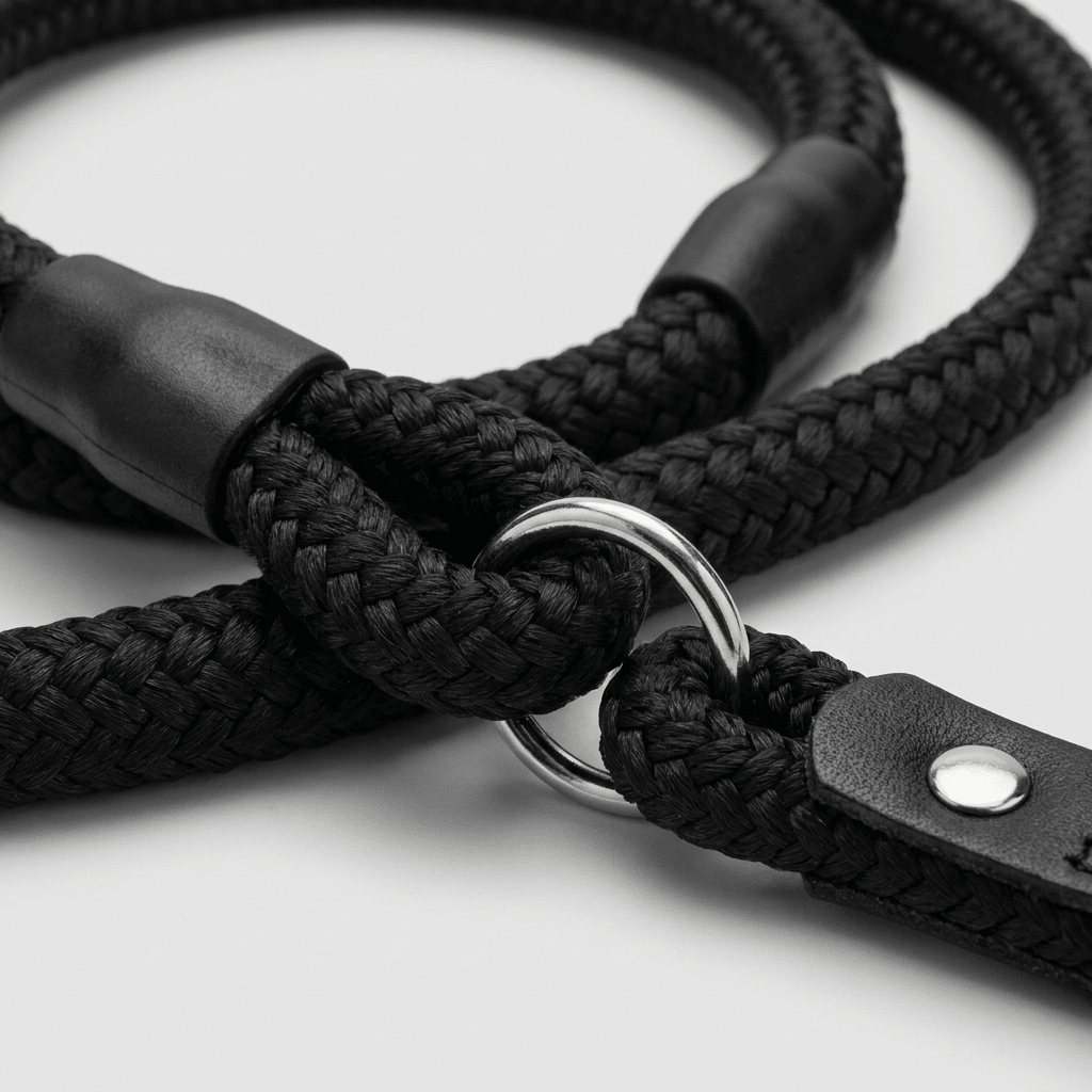 collier chien en corde d'escalade noir gros plan texture corde tressee et anneau metallique