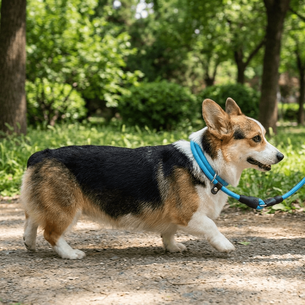 collier chien en corde d'escalade bleu sur corgi en promenade parc profil
